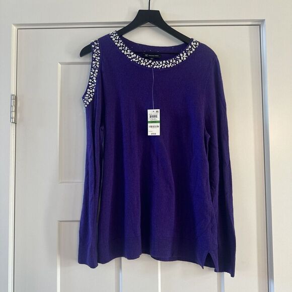 INC International Concepts Sweaters - INC Concepts Jewel Cut Out Sweater L Purple Cashmere Silk Holiday Cold Shoulder